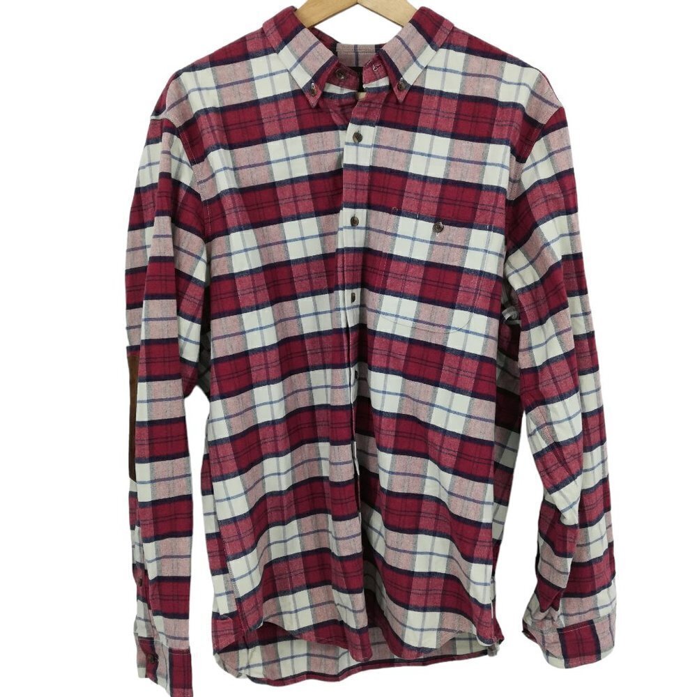 J Crew Flannel Plaid Chamois Elbow Patch Button Up Shirt Size L Red Blue Preppy